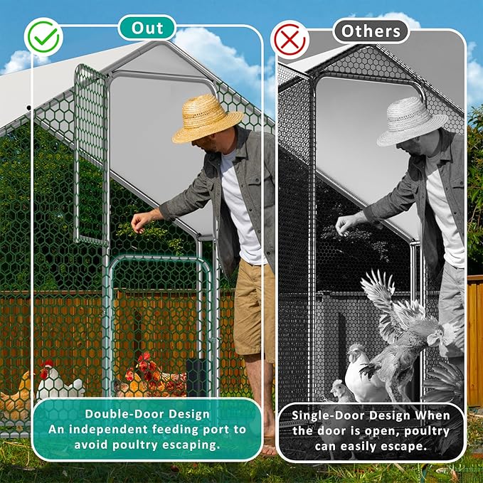 Large Metal Chicken Coop, Walk-in Chicken Run with Feeding Door, Security Lock and Cover, Outdoor Duck/Rabbit Cage Poultry Pen for Backyard, Farm, Yard (Silver - Spire Roof, 9.8 x 6.5 x 6.5 FT)