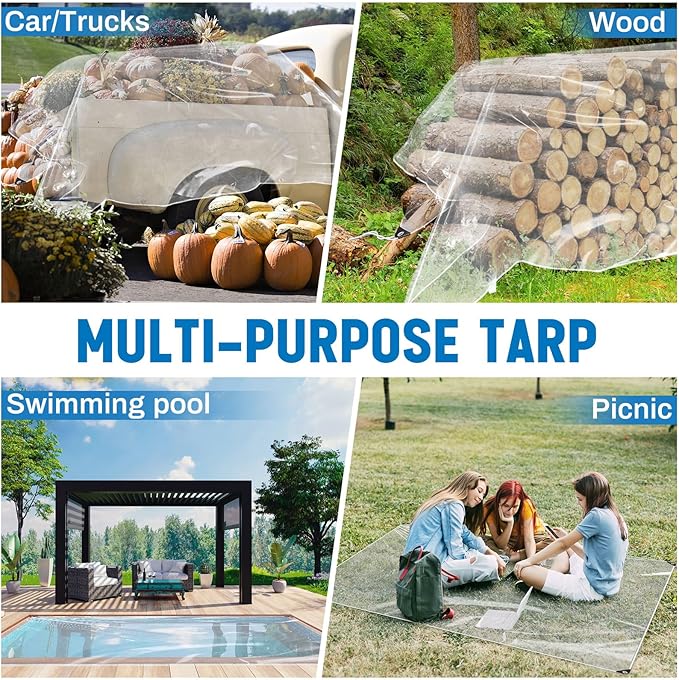 4 Pcs 4x6 ft Clear Tarp with Grommets Heavy Duty Transparent Tarp Waterproof 8mil Green House Cover with Rope for Plant Garden Patio Chicken Coop Porch (Classic Style)