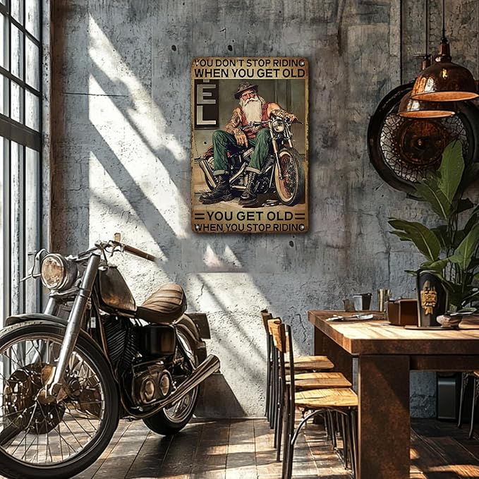 PEACHGARDEN Motorcycle Vintage Tin Signs You Don’t Stop Racing When You Get Old Poster Metal Tin Sign Home Family Lovers Gift Funny Bedroom Novelty Retro Parlor Courtyard Wall Decor 8x12inch