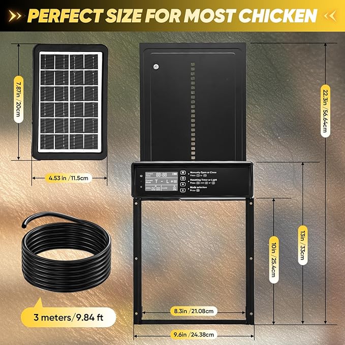 Automatic Chicken Coop Door Solar Powered, Automatic Chicken Door with Timer, Light Sensor, 4 Modes and LCD Display, Aluminum Alloy Auto Chicken Door, Anti-Pinch & Weather Proof