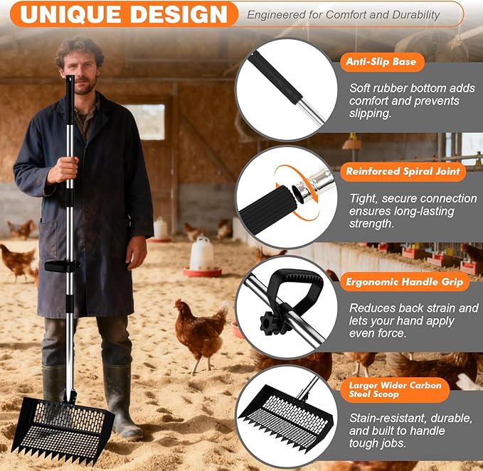 12 Inch Chicken Poop Scooper & Rake, 2-in-1 Stainless Steel Chicken Coop Scoop with Adjustable Handle, Litter Sifting Shovel Cleaning Tools for Chicken Coops, Yard Cleaning, Black[2026 Upgraded]