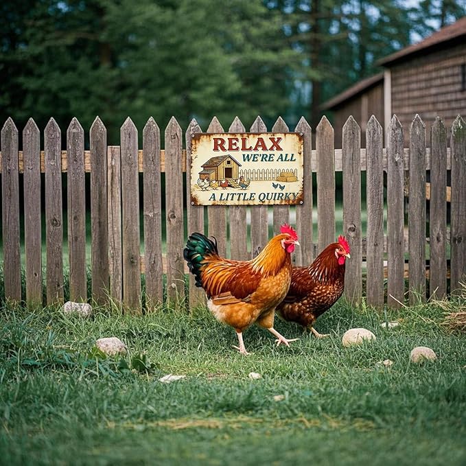 Funny Chicken Metal Sign Outdoor, Aluminum Farmhouse Wall Decor for Coop Door or Yard Area, Fluffy Humor Country Living Style, Rustic 8x12 Inch Gift