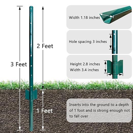 Fence Posts 3 Feet, Pack of 10, Metal Fence Poles U Post Sturdy Duty Fence Stakes Step in Post No Dig Fence Post for Garden Wire Fence Steel Sign Post (Fits to 2-ft Fence Mesh)
