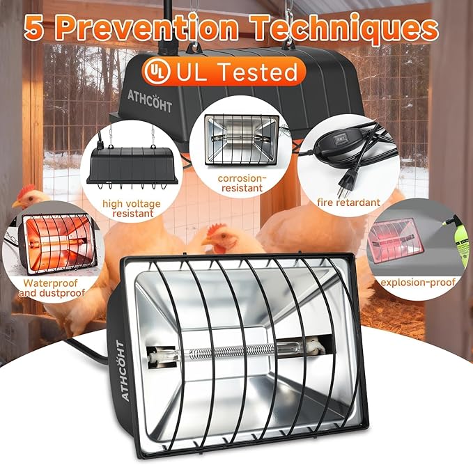 300W 2Mode Heat Lamp for Chickens,Brooder Heater 12000H Carbon Fiber Bulbs, 4PCs Heat Lamp Tubes, Adjustable Temp & Height, Waterproof Chicken Coop Heat Plate, UL-Certified Heater for Poultry, Pets