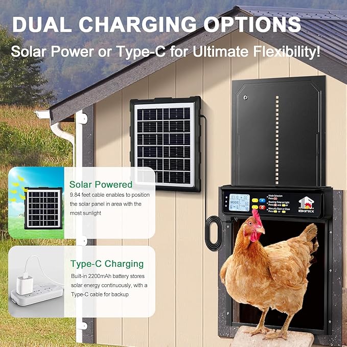 Automatic Chicken Coop Door Solar Powered with Timer, Light Sensor, Remote Control, LCD Display, Aluminum Alloy 4 Auto Modes Wide Size Chicken House Door, Anti-Pinch, Weatherproof, USB Backup, Black