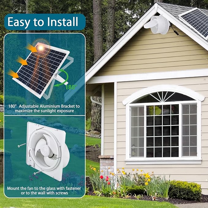 Solar Fan for Chicken Coop,25W Solar Panel+8" High Speed Solar Exhaust Fan with Bracket,Solar Fan with Power Adapter,Waterproof Solar Powered Fan for Chicken Coop,Greenhouse,Shed(White)
