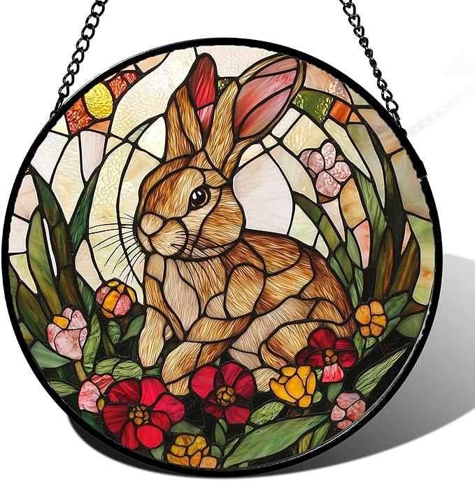 Stained Glass Window Hanging, Cute Bunny Flowers Sun Catcher for Window Door Home Decor, Rabbit Suncatcher Christmas Mother's Day Birthday Gifts for Women Men Mom and Nana 15 in