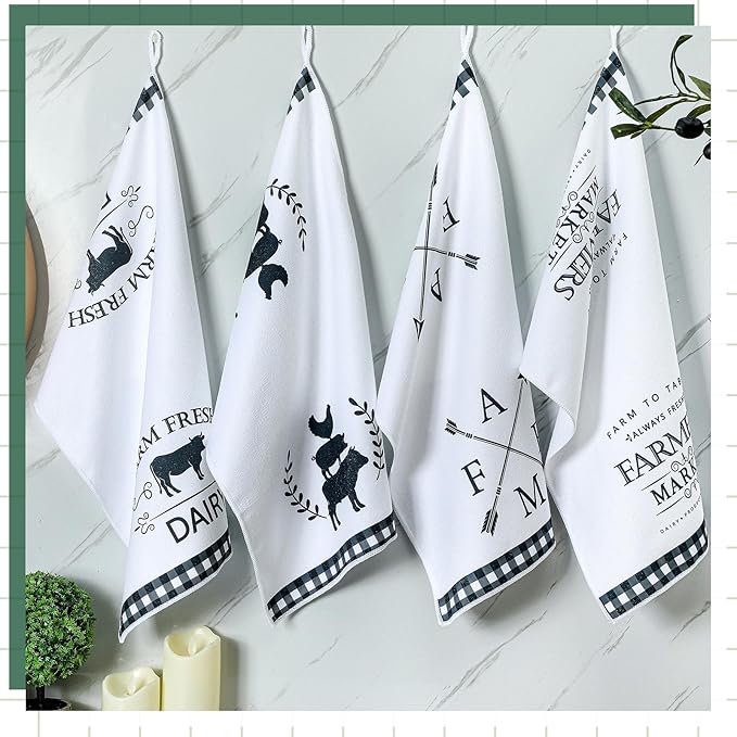 Geyoga 4 Pcs Chicken Kitchen Towels Rooster Dish Hand Towels Farm Animal Cow Vintage Rustic Tea Cloth for Spring Easter Bathroom Farmhouse Decor Gifts, 16 x 24 Inch(White, Black,Farm)