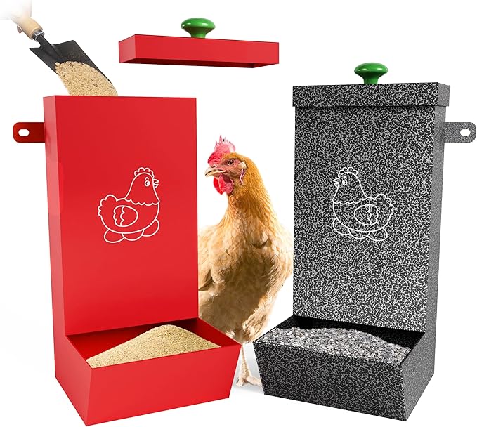 2-Pack Metal Hanging Chicken Feeder with Lid – Waterproof Gravity Poultry Feeder Trough, Automatic Chicken Coop Accessories (Black + Red)
