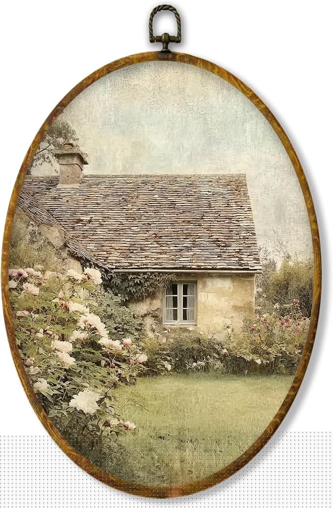 shiviody Rustic Farmhouse Country Canvas Wall Art Decor, Vintage Countryside Antique Cottagecore Landscape Oval Hanging Frame Prints Decorations for Home Bedroom Living Room 8.6"x11.4"