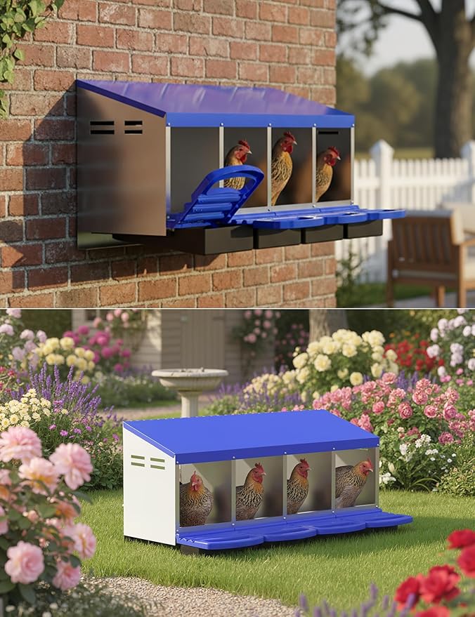 Chicken Nesting Box 4 Hole, Galvanized Steel Nest with Roll Away Egg Collection & Swing Perch, Easy-Clean Laying Box for Hens, Heavy Duty Design for Chicken Coop