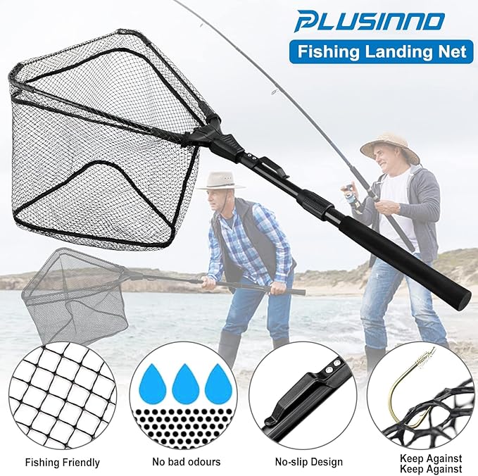 PLUSINNO Fishing Net Fish Floating Landing Net, Kayak Nets with Fixed Foldable Telescopic Pole Handle, Bass Trout Fishing Nets with Nylon Mesh for Pond Lake River, Fishing Gear Gifts for Men Anglers
