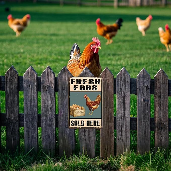 Rustic Farm Fresh Eggs Sold Here Tin Signs Vintage Country Chicken Hen Rooster Egg Metal Sign Funny Chicken Coop Metal Poster 12x8 Inch