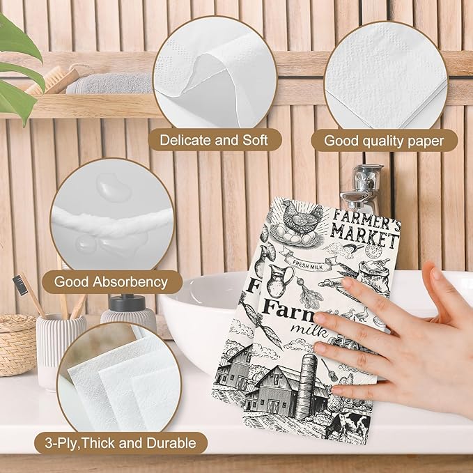 50Pcs Milk Farm Guest Napkins Cow House Disposable Paper Napkins Vintage Farmers Market Dinner Hand Napkin for Party Supplies Table Decor