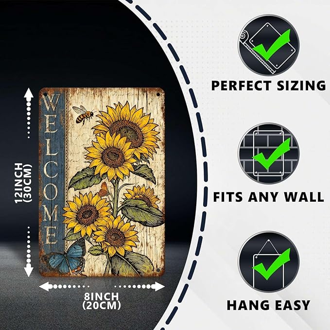 Vintage Sunflower Tin Sign Welcome Retro Garden Metal Sign Rustic Nostalgic Wall Decor For Home Garden Plaque Yard Bar Farmhouse Porch Living Room Cafe Kitchen 12 * 8 In