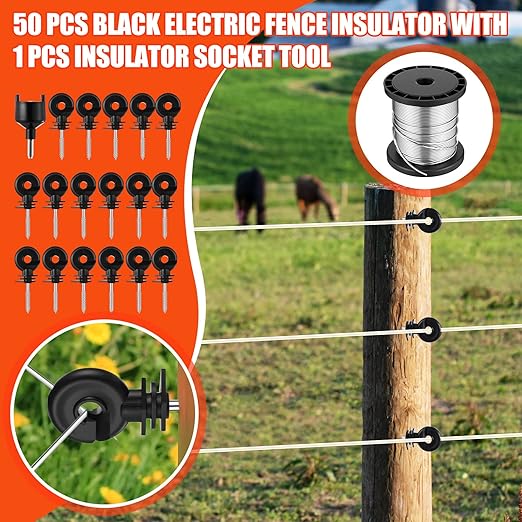 2.5j Electric Fence Charger with Digital Display & Alarm, Ac Dc 2 in 1 Power, 12v Input 8kv/12kv Output, 50 Black Electric Fence Insulator, 1 Socket Tool, 250ft Aluminum Wire Animal Control