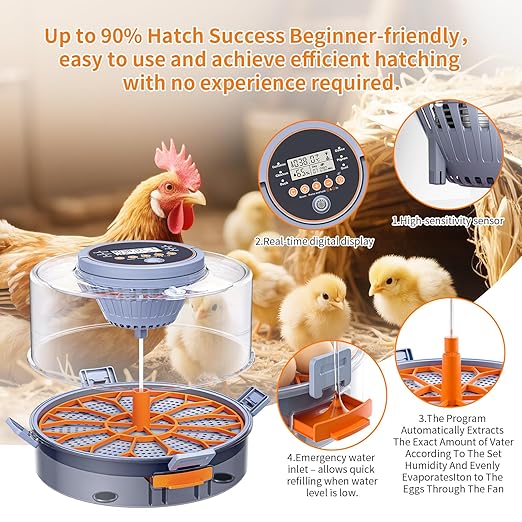 Incubator, Egg Incubator, Incubator for Hatching Eggs with Egg Candler, Automatic Egg Turner, Temperature& Humidity Control for Chicken, Duck, Quail,Goose, Carrying Handle Design,360° Viewing
