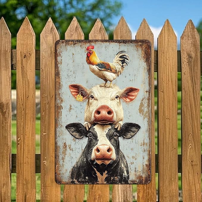 Vintage A Pig Cow Chicken Metal Sign Rustic Home Kitchen Coffee Garden Farmhouse Chicken Coop Wall Decor Ruster Tin Poster 12x16 Inch