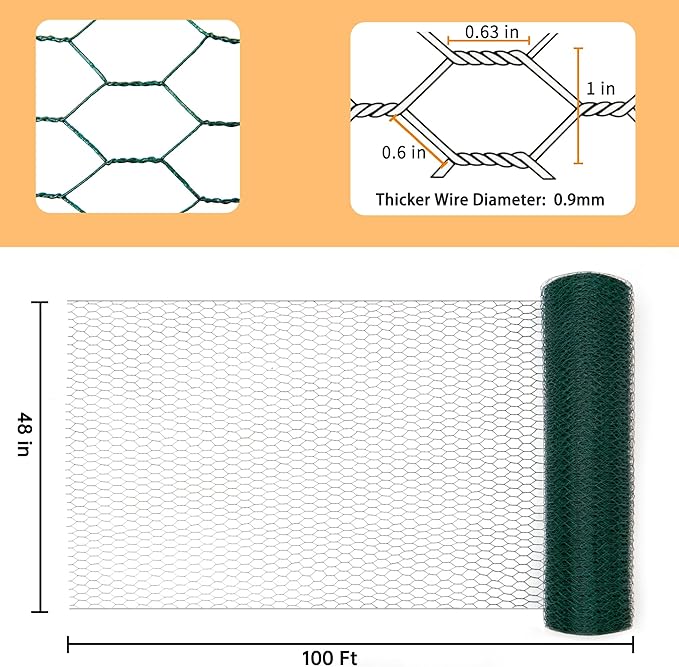Green Chicken Wire 48 inch(H) x 100 ft(L), Anti-Rust Hexagonal Galvanized Metal Garden Netting for Floral Arrangements, PVC Coated Chicken Wire Coop for Crafts Plant Protector Pet Rabbits Fencing