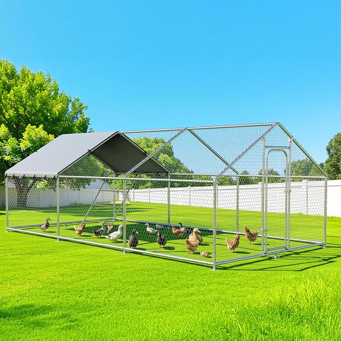 Large Metal Chicken Coop with Waterproof and UV-Resistant Cover,Chicken Run Outdoor Walk-in Cage Rabbit Duck Hen House for Yard Farm Use Spire Roof(10' L x 14.8' W x 6.4' H)