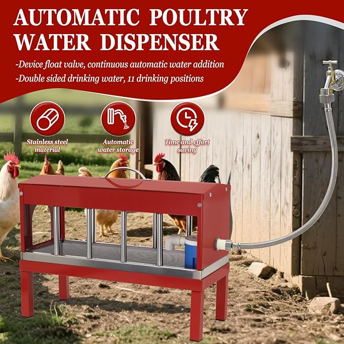 Automatic Chicken Waterer Stainless Steels Large Poultry Waterer Dispenser 11 Windows with Float Valve Kit Hose Accessorie for Duck Goose Pigeon Quail Turkeys