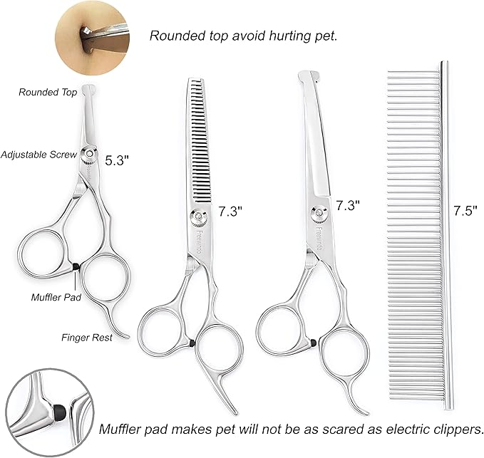 Dog Grooming Scissors Kit - Safety Round Tip, Heavy Duty Stainless Steel Scissors and Nail Clippers for Full Body Grooming