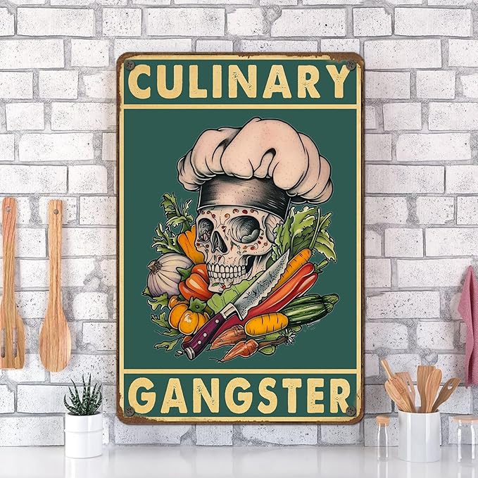 PEACHGARDEN Kitchen Wall Decor Vintage Skull Metal Sign Funny Culinary Gangster Tin Sign Cooking Poster Wall Decor for Home Kitchen Bar Pub Man Cave Cafe 8x12inch