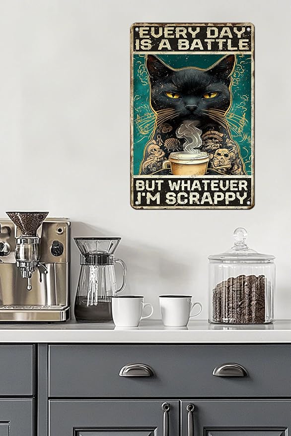 Vintage Black Cat Metal Sign Black Cat Every Day Is A Battle Novelty Metal Poster Home Kitchen Bathroom Aluminium Sign Art Wall Decor 16x12 Inch