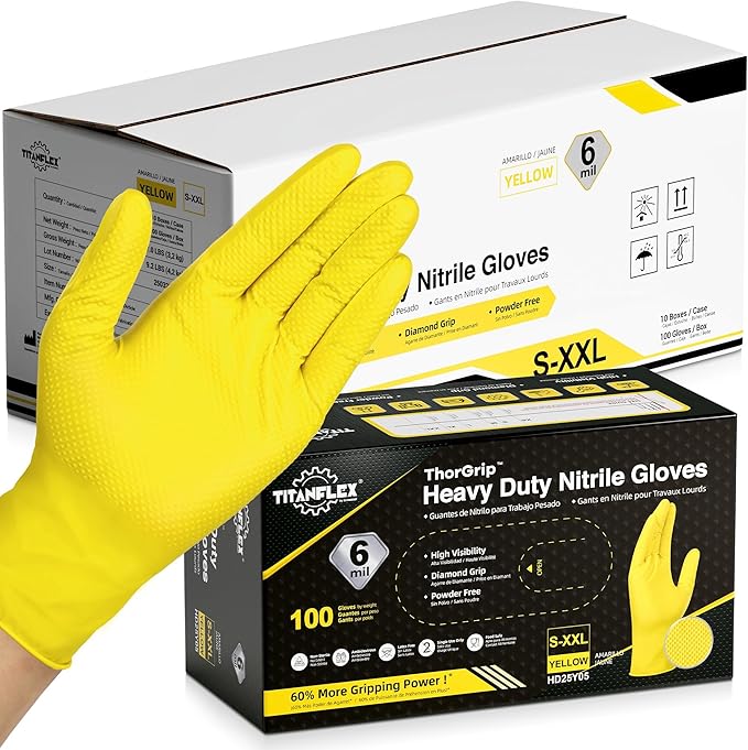TitanFlex Heavy Duty Industrial Nitrile Gloves with Raised Diamond Texture, 6-mil, Latex Free (Dark Green/Yellow)