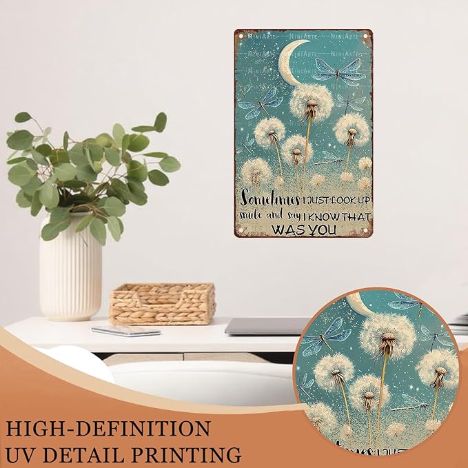 Dandelion Dragonfly Vintage Tin Sign Just Look Up Smile Say I Know That Was You Inspiring Vintage Tin Sign Wall Art Decor for Home Living Room Bedroom Office Cafe And Pub Decoration 8X12Inch