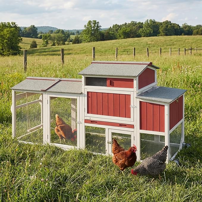 Mobile Wooden Chicken Coop for 2–4 Chickens – Outdoor Hen House with Wheels, Waterproof Asphalt Roof, Nesting Box & Easy Clean Slide-Out Tray (Red, 77.4" L x 23.2" W x 39.2" H)