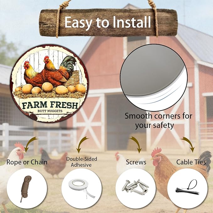 Antique Farm Fresh Eggs Metal Tin Sign Rustic Chicken Coop Decor Vintage Round Wall Art For Farmhouse Kitchen Outdoor Patio Retro Plaque 8 Inch