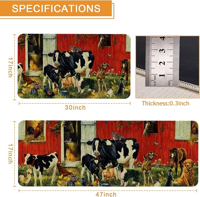 Roszwtit Farmhouse Kitchen Rugs and Mats Set of 2, Farm Animal Kitchen Mat, Seasonal Holiday Cooking Sets Washable Non-Slip Floor Mats for Home Kitchen Decor - 17x29 and 17x47 Inch