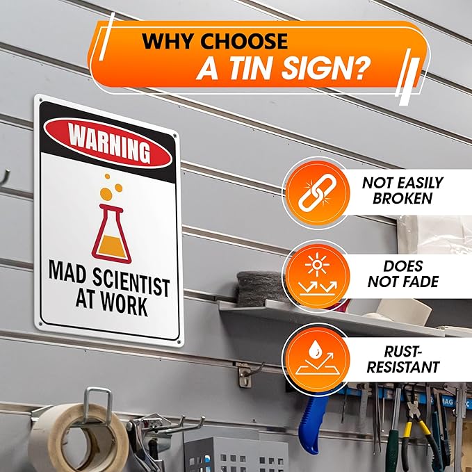Mad Scientist Metal Sign 7.9x11.8" – Mad Scientist Props with Good Print Quality, Science Classroom Decor, Office, or Home – Rust Resistant Tin Wall Art, Chemistry Gifts for Men | Easy Installation