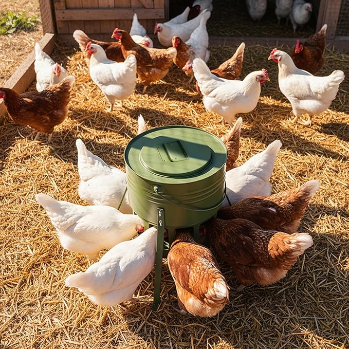 KOL Metal Chicken Feeder - 20lbs No Waste Chicken Feeder with 12 Ports, Powder Coated Rust-Proof Design & Smooth Edges for Safe Feeding (Avocado Green)