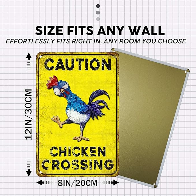 Vintage Chicken Tin Sign Caution Chicken Crossing Retro Coop Metal Sign Funny Nostalgic Rustic Wall Decor For Farmhouse Farm Outdoor Poultry House Yard Garden Kitchen Cafe 12 * 8In