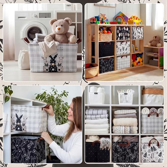 CHENGU 6 Pack Easter Storage Bin Collapsible Easter Basket for Gifts Large Bunny Eggs Black White Holiday Decor Decorative Rabbit Basket Farmhouse Foldable Box with Handle for Bedroom Office Home
