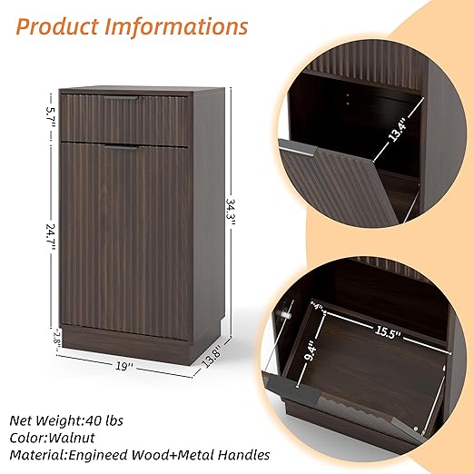 19 Inch Single 10 Gallon Wood Grain Tilt-Down Trash Can Cabinet with Storage Drawer,Wood Grooved Recycling Cabinet with Wave Texture Hidden Pull-Out Trash Can for Kitchen,Bathroom (Walnut-01)