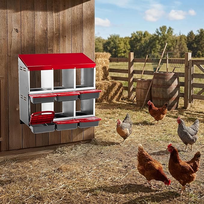 Chicken Nesting Box, 6-Hole Roll Away Egg Laying Box with Lid and Metal Legs, Heavy-Duty Galvanized Steel Rustproof Design - Easy Egg Collection, Easy Clean