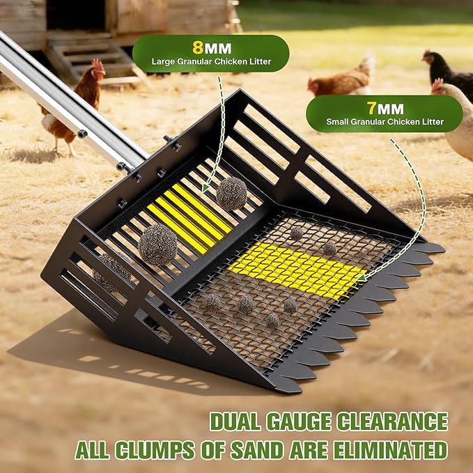 2-in-1 Chicken Poop Scooper & Rake with Ergonomic Non-Slip Handle, Adjustable Stainless Steel Handle (36–63"), Litter Cleaning Tools for Chicken Coop Farm Animals