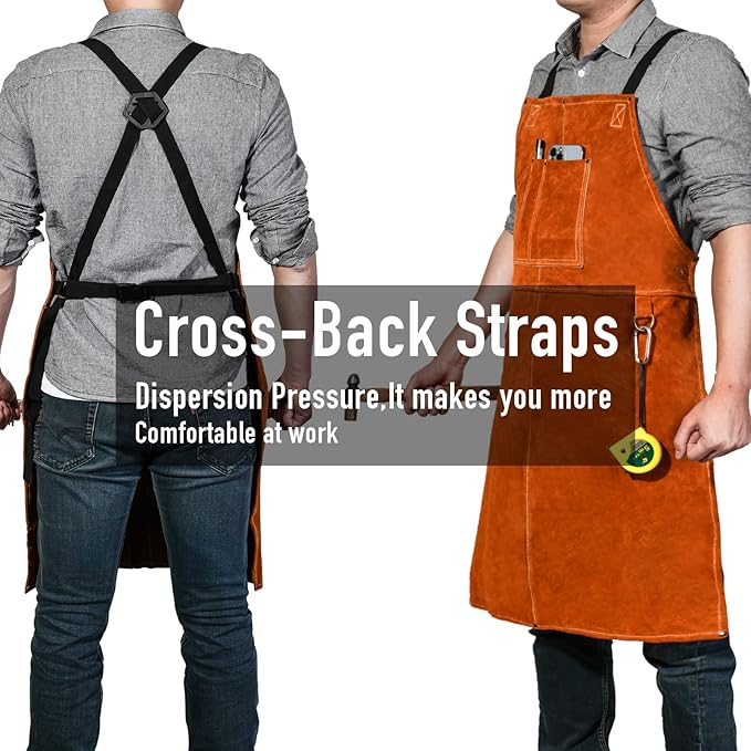 Leather Welding Work Apron - Heat Resistant & Flame Resistant Bib Apron, Flame Retardant Heavy Duty BBQ Apron
