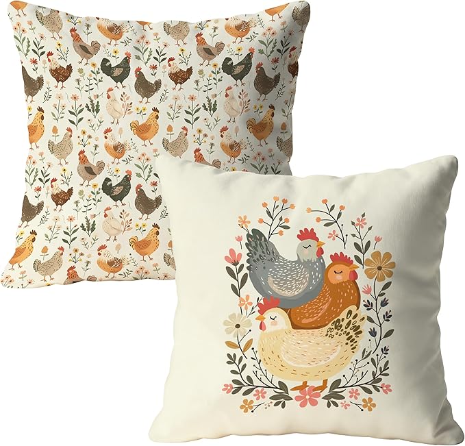 Rustic Floral Chicken Pillow Covers 18x18, Chicken Lover Lady Mom Gifts, Cottagecore Flower Farmhouse Hen Decorative Throw Pillow Covers for Home Bedroom Living Room, Set of 2