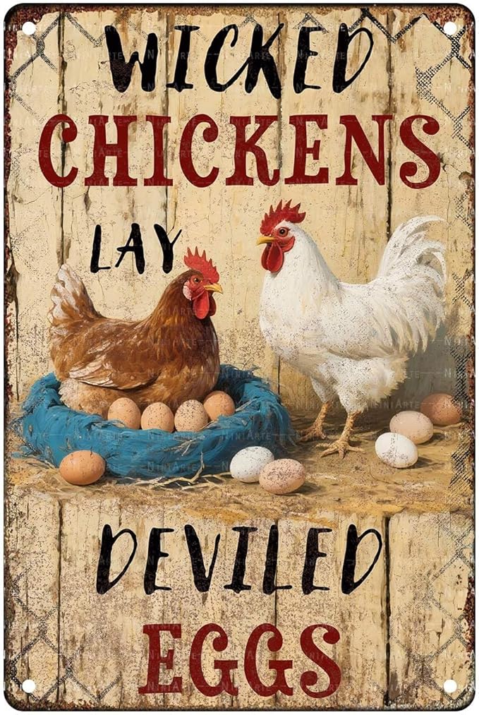 Rustic Metal Tin Sign Wicked Chickens Lay Deviled Eggs Poster Art Country Kitchen Wall Decor Outdoor & Indoor Farmhouse Sign Metal Plaque 8x12 Inch 8X12Inch