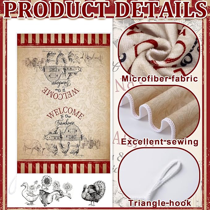 Bencailor 6 Pcs Farmhouse Kitchen Towels Chicken Rooster Kitchen Decor Farm Animal Hand Towels for Cooking Baking Housewarming Gift,15.75 x 23.62 inch(Red Black,Farmhouse)