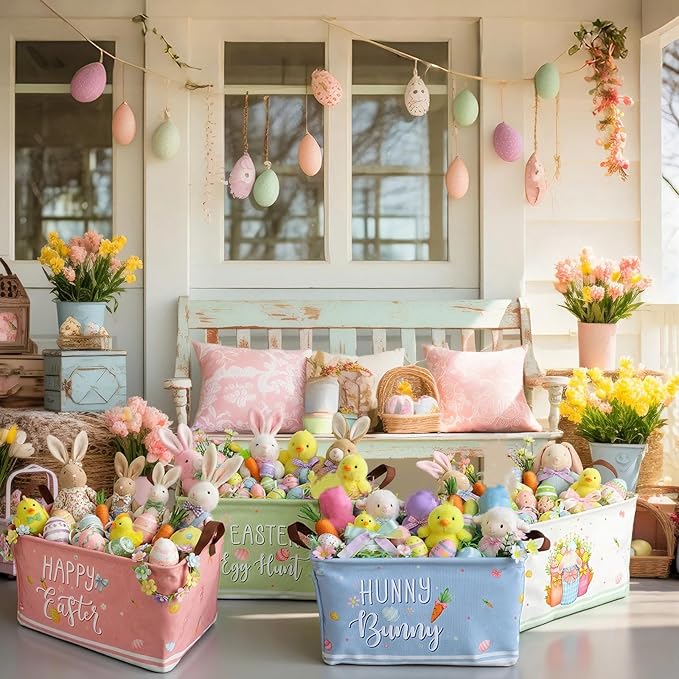 CHENGU 6 Pack Easter Storage Bin Collapsible Easter Basket for Gifts Bunny Eggs Holiday Decor Large Rabbit Basket Foldable Colorful Truck Box with Handle for Bedroom Office Home