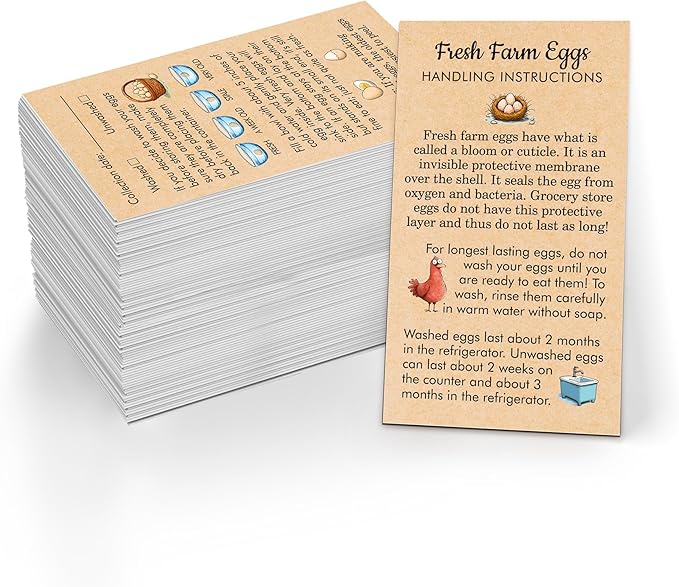 200 PCS Fresh Farm Egg Handling Instruction Cards, Double-sided Printing Egg Carton Stamp Bulk with Washed/Unwashed Fresh Egg Care Accessories Card Labels for Farm Fresh Eggs (3.5” x 2”)