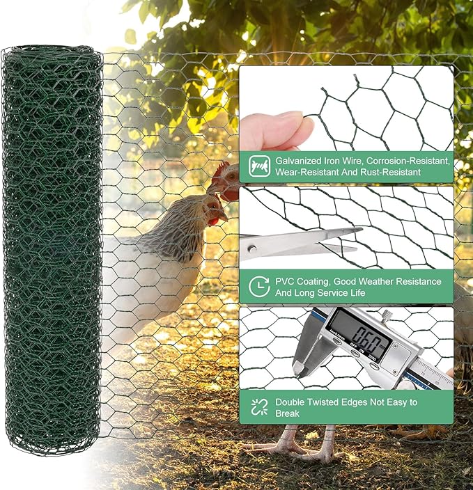 Chicken Wire for Floral Arrangements, 14 x 236 in Galvanized Iron Hexagonal PVC Coated for Crafts/Poultry/Garden, Chicken Wire Netting Fence Mesh [Green]