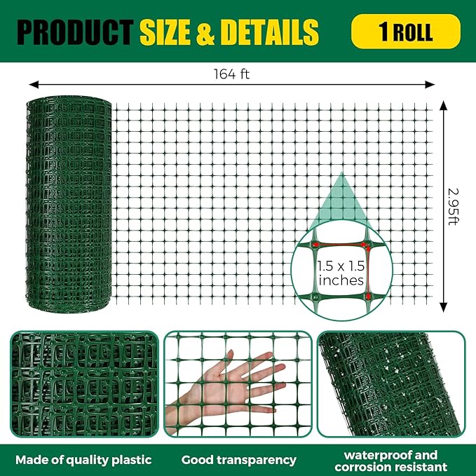 Preboun 3 x 164 ft Plastic Mesh Fence Plastic Safety Fence Roll Reusable Animal Construction Barrier Netting Temporary Pool Fencing Snow Fences for Construction Animal Garden Fencing (Green)