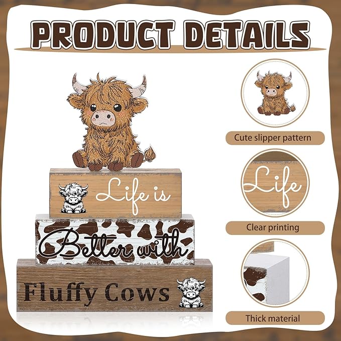 Geelin 4 Pcs Highland Cow Table Decorations Cow Wooden Signs Rustic Tiered Tray Decor Western Tabletop Centerpieces Farmhouse Highland Decor for Home Desk Room Kitchen Shelf