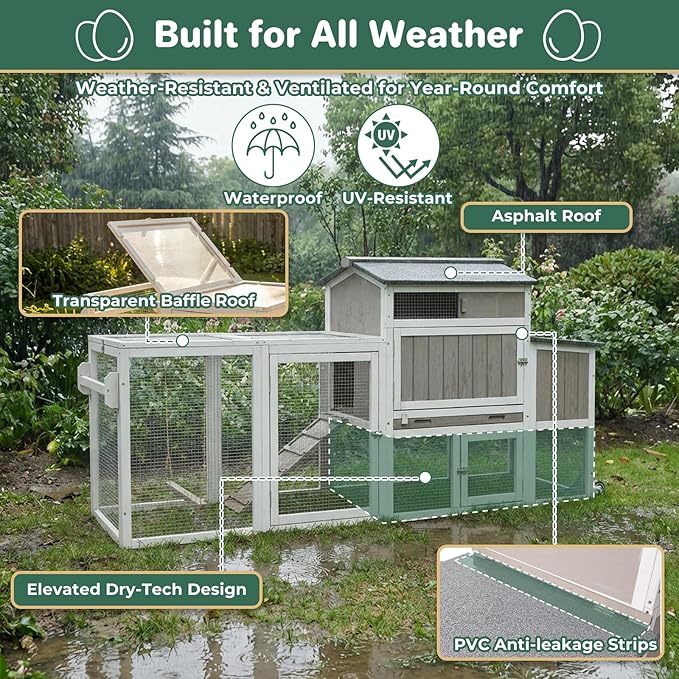 Mobile Chicken Coop with Wheels, Weatherproof Large Hen House Chicken Tractor with Nesting Box, Roosting Bars, Pull-Out Tray, Asphalt Roof & Fun Swing for Chickens Quails, Backyard Use